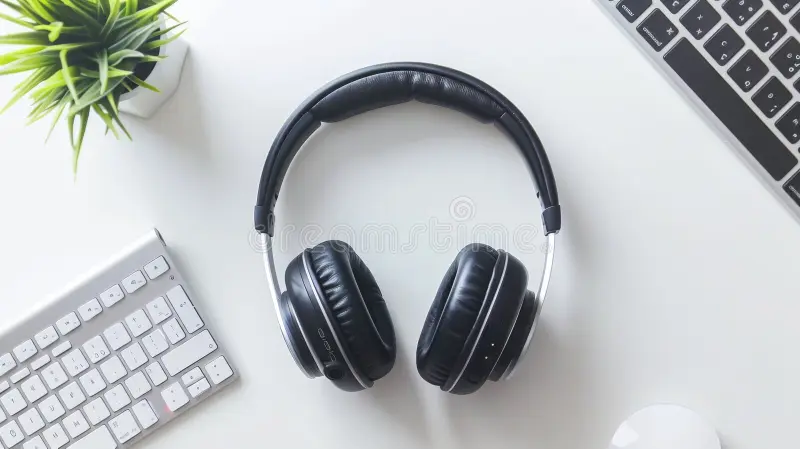 alt="Espacio de trabajo moderno con auriculares, ideal para locutores online e internacionales"